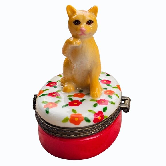 Vtg American Short Hair Orange Cat Porcelain Hinged Trinket Box  2.75" x 2.25" - Picture 3 of 13